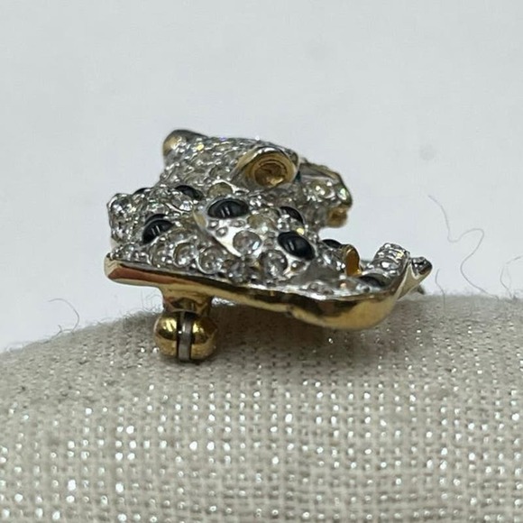 Panther Silver Gold Tone Rhinestones Black Cabochons Green Eye Brooch - Picture 4 of 16